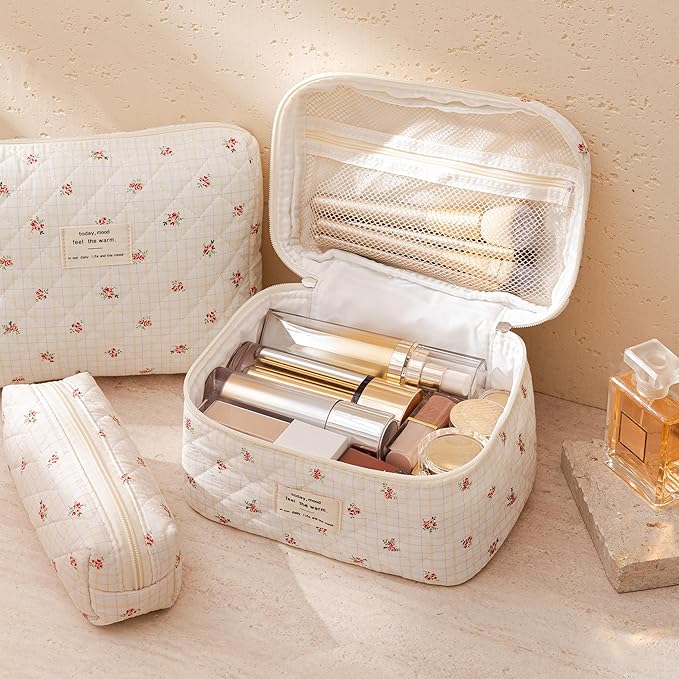 HBselect Quilted Makeup Bag, 3PCS Cotton Large Travel Makeup Bag, Cute Floral Coquette Make up Bag Cosmetic Bag Toiletry Bag for Women Girls