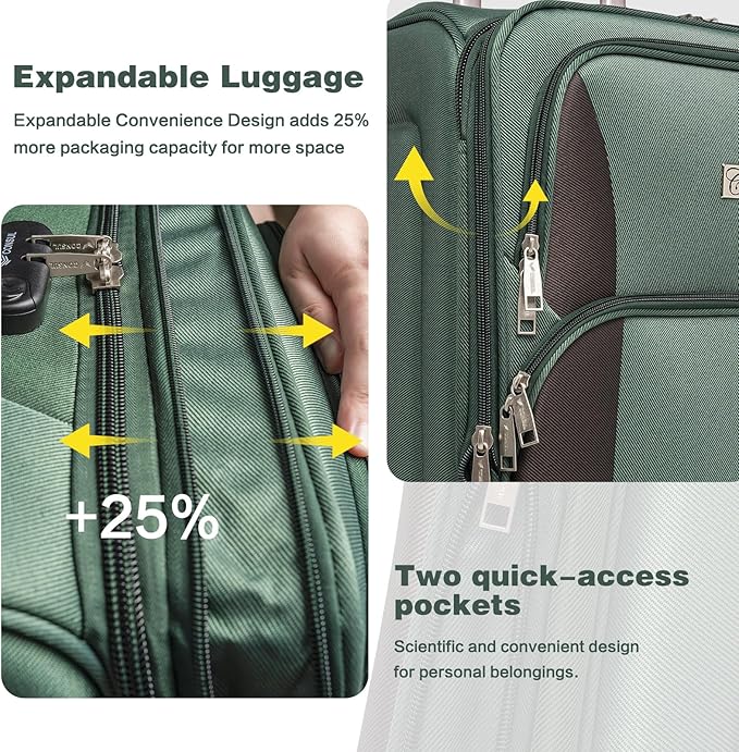 Softshell Luggage Expandable 4 Piece Set (20/24/28/32 Inch) Suitcase Softside Lightweight Luggage Travel Set Elegant Suitcase (Dark Green)