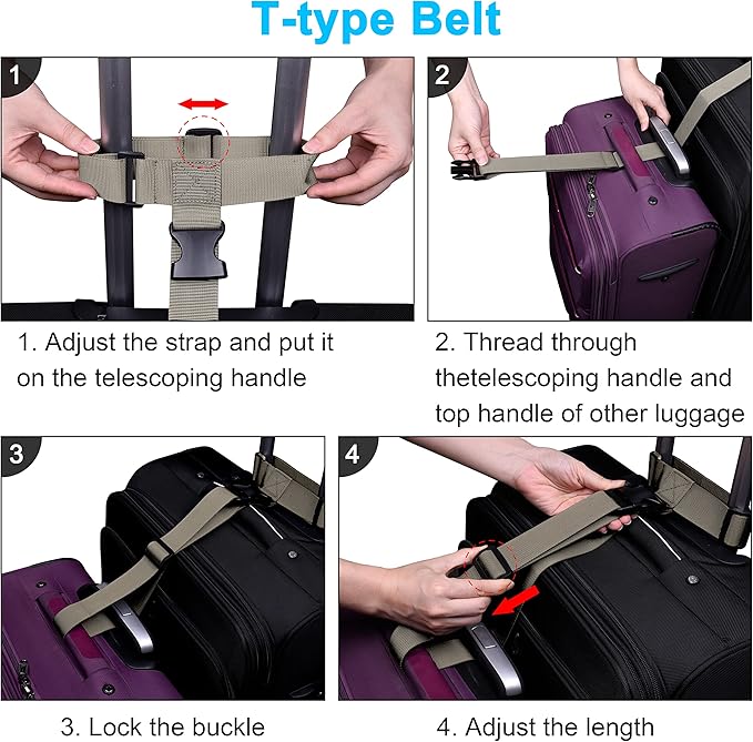 Wisdompro 2 Pcs Add a Bag Luggage Strap, Heavy Duty Adjustable Suitcase Belt Travel Attachment Travel Accessories for Connecting Your Luggage Together - Khaki (T-Type and Normal)