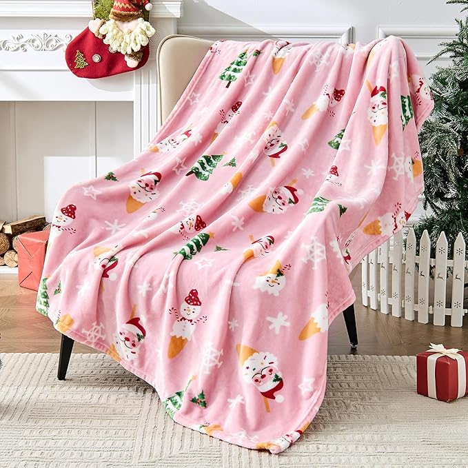 Christmas Blanket Soft Cozy Pink Throws with Snowman Snowflake Santa Claus and Xmas Trees Print, Fuzzy Warm Christmas Throw Blanket for Couch Bed Holiday Decorations Gifts 60"x80" (Pink)