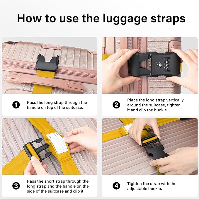 Luggage Straps, Yellow TSA Approved Luggage Strap Belt with Combination Lock for Suitcases, 2 Pack Adjustable Heavy Duty Cross Suitcase Straps with Name Tags for Travel, Carry On Bags, Protect Luggage