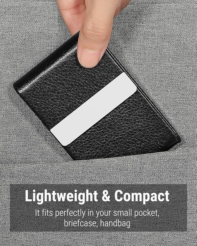 MaxGear Business Card Holder, PU Leather Business Card Case Pocket Card Holders for Men or Women, Metal Slim Name Card Holder RFID Blocking Business Card Carrier with Magnetic Closure, Black