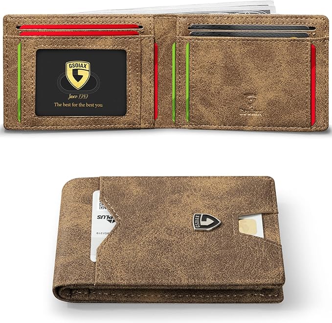 GSOIAX Slim Wallet for Men Rfid Blocking Leather Bifold Front Pocket Carbon Fiber Credit Card Holder Novelty Wallets With Gift Box (Retro Brown)