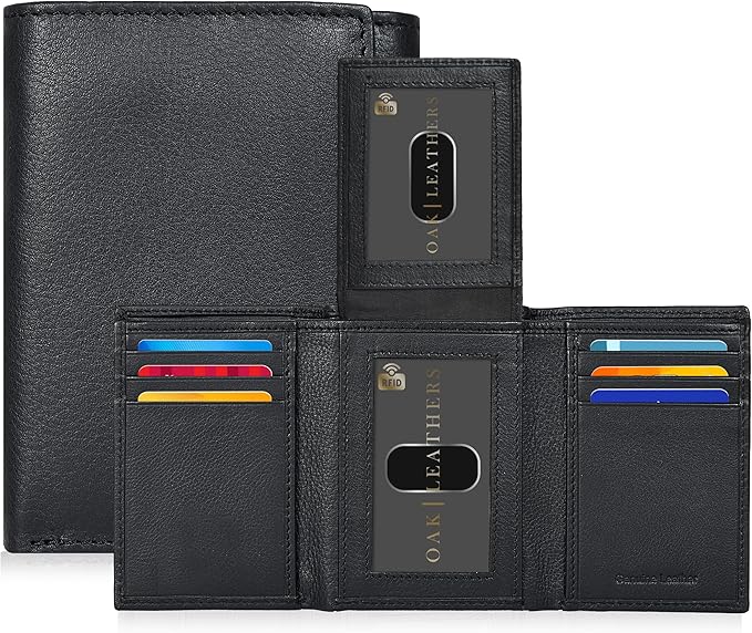 Real Leather Mens Trifold Wallet RFID Blocking Slim Minimalist Front Pocket - Thin & Stylish with ID Window in Gift Box