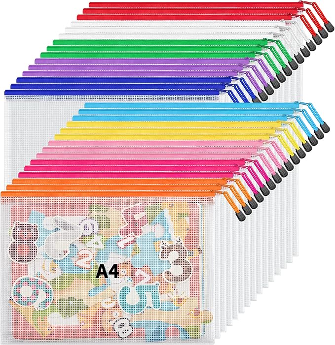 JARLINK A4 Letter Size 30 Pack 10 Colors Zipper Mesh Document Pouch, Mesh Bags for Board Games & Puzzles, Waterproof Document Zipper Pouches for Office School Supplies, Toys, Cosmetics Travel Storage
