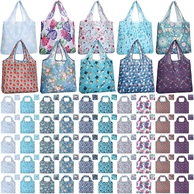 Paterr 50 Pack Reusable Foldable Grocery Bags 10 Patterns Bulk Shopping Totes Pocket Size Bags for Supermarket