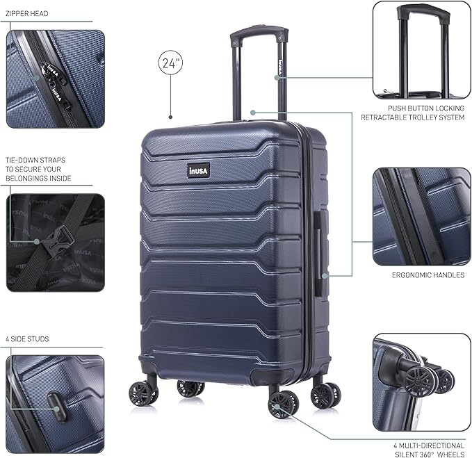 InUSA TREND Luggage with Spinner Wheels | Durable lightweight Hardside Suitcase, Travel bag with Handle and Trolley, 24-Inch Medium Checked luggage | Blue