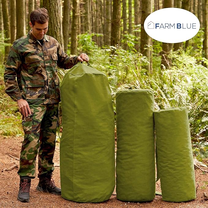 Farm Blue GI Style Zipper Duffle Bag Heavy Duty Army Duffle Bags - Military Grade Cotton Canvas Duffel Bag - Reinforced Camping Bag - Strong Zipper & Center Grab Handle (Olive Drab, X-Large)