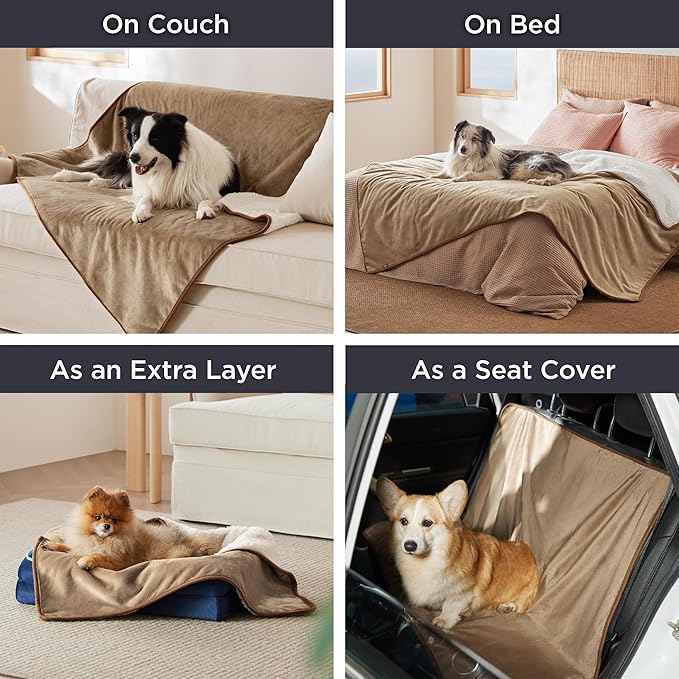 Bedsure Waterproof Blanket for Bed - Sherpa Fleece Waterproof Dog Blankets for Large Dogs, Pet Blankets for Bed/Couch/Dog Crate, Soft Plush Reversible Furniture Protector, King Size, 108"x86", Camel