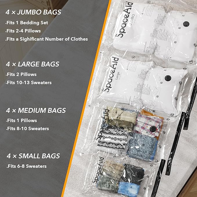 SpaceAid 20 Pack Vacuum Storage Bags, Space Saver Sealer Compression Bags for Comforters, Blankets, Pillows, Bedding, Clothes (4 Jumbo/4 Large/4 Medium/4 Small/4 Roll)