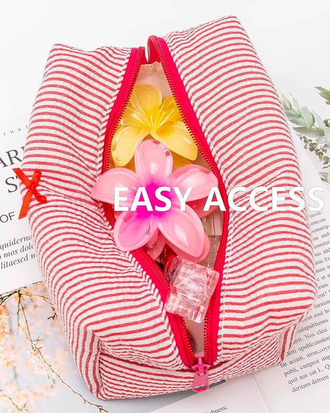 PAZIMIIK 6PCS Cozy Makeup Bag Small Aesthetic Travel Zipper Cosmetic Pouch for Women Make Up Beauty Accessories Brushes, Stripe Red