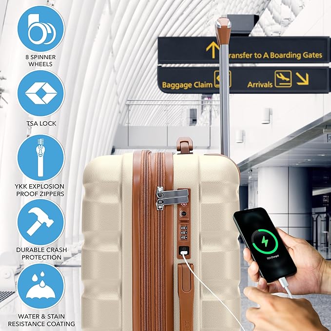 Flight Knight 24x16x10 Expandable Carry On Suitcase Hardside TSA Lock USB C Lightweight Luggage Silent Double Spinner Wheels Maximum Overhead Carry-On Bag For Virgin South West Approved Cream/Tan