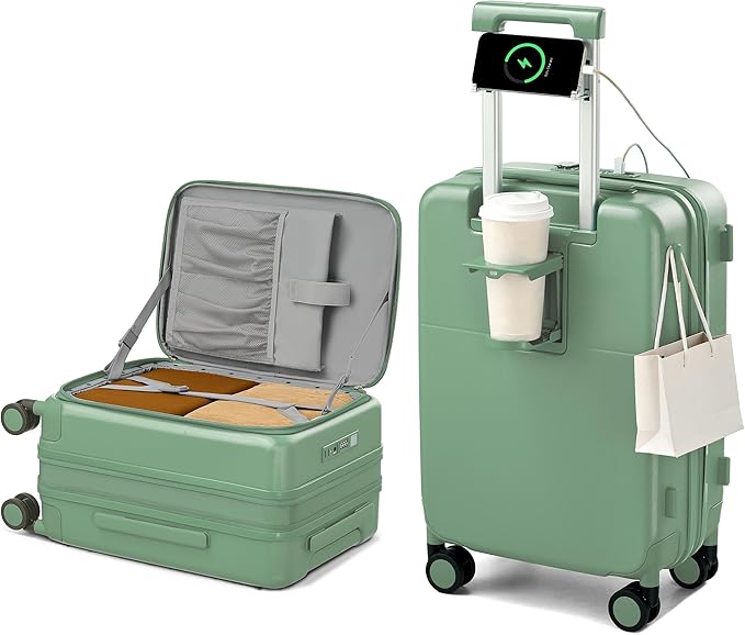 Hanke 20 Inch Expandable Carry On Luggage with Cup Holder 22x14x9 Airline Approved, Top Opening Hard Shell Suitcases with Wheels, Carry-On Travel Suitcase Trunk Luggage with Lock, Forest Green
