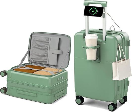 Hanke 20 Inch Expandable Carry On Luggage with Cup Holder 22x14x9 Airline Approved, Top Opening Hard Shell Suitcases with Wheels, Carry-On Travel Suitcase Trunk Luggage with Lock, Forest Green