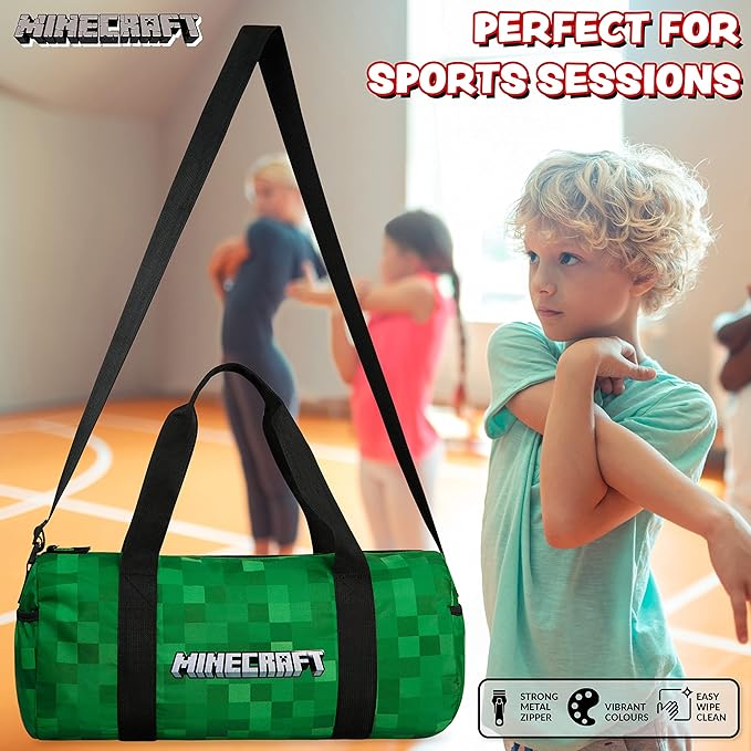 Minecraft Gym Bag for Kids Teens Duffle Bag Travel Overnight Sports Creeper Weekender Bag Carry On Holdall (Green, 16.14x7.08x7.48inches)