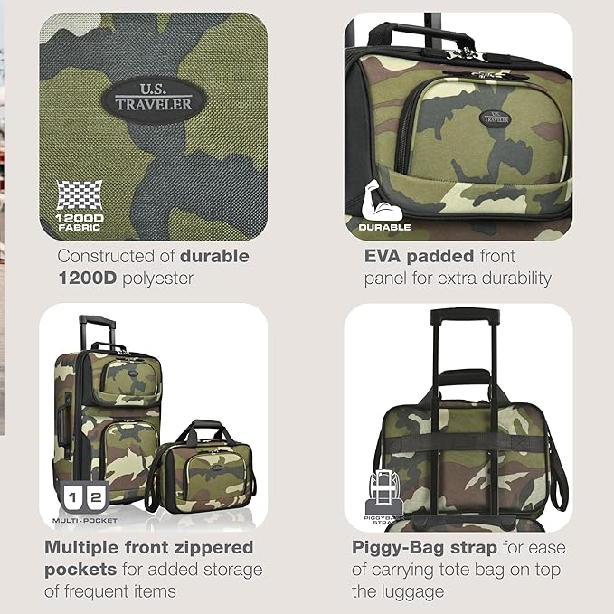 U.S. Traveler Rio Lightweight Softside Rolling Carry-on Suitcase, 2-Wheel Set, Camouflage