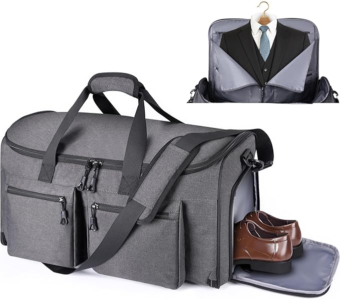 HILOMON Convertible Duffle Bags for Travel Carry On Suit Duffle Bags with Shoulder Strap 2 in 1 Hanging Garment Duffle Bag for Men Women (Grey)