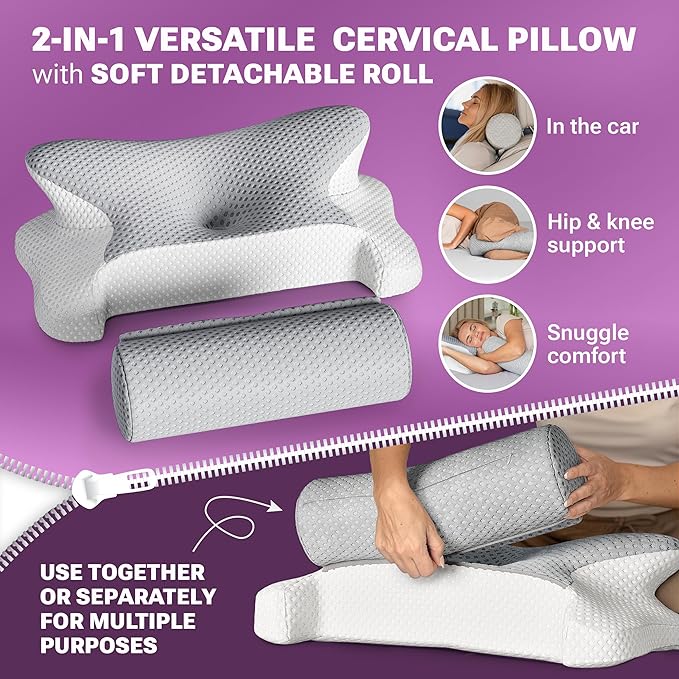 3-in-1 Orthopedic Pillow, Cervical Neck Pillow for Sleeping, Adjustable Height Memory Foam Neck Pillow and Detachable Roll, Contour Pillow for Neck Pain Relief for All Sleeping Positions (Gray)