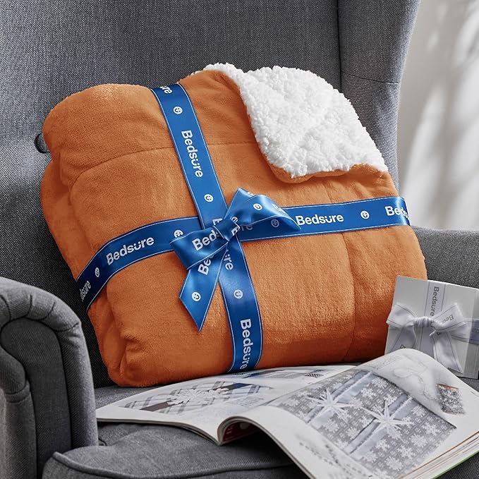 Bedsure GentleSoft Sherpa Fleece Twin Size Blanket for Couch, Non-Heated, Thick and Warm Throw for Women and Men, Soft Fuzzy Plush Twin Blanket for Winter, Burnt Orange, 60x80 Inches