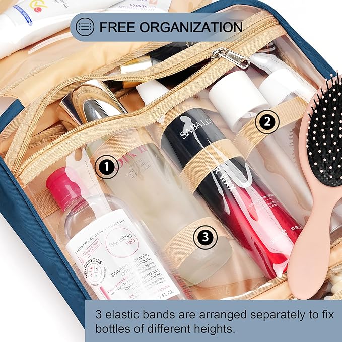 Travel Hanging Toiletry Bag for Women and Men, with 8 Leak Proofing Silicone Bottle Covers, Waterproof Makeup Accessories, Cosmetic Essentials, Toiletries Dopp Kit Set with Jewelry Organizer, Navy