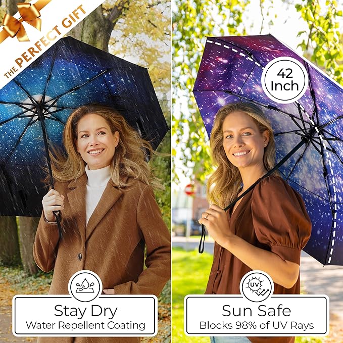 TUMELLA Strongest Windproof Travel Umbrella (Compact, Superior & Beautiful), Small, Wind-Tested, Light & Portable, Automatic Folding Rain Umbrella, Durable Premium Grip, Fits Car and Backpack