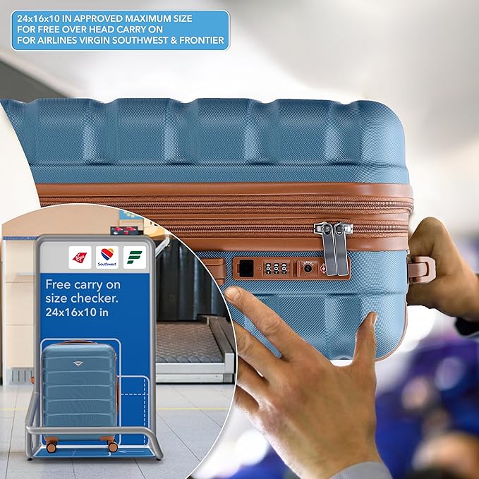 Flight Knight 24x16x10 Expandable Carry On Suitcase Hardside TSA Lock USB C Lightweight Luggage Silent Double Spinner Wheels Maximum Overhead Carry-On Bag For Virgin South West Approved Blue/Tan