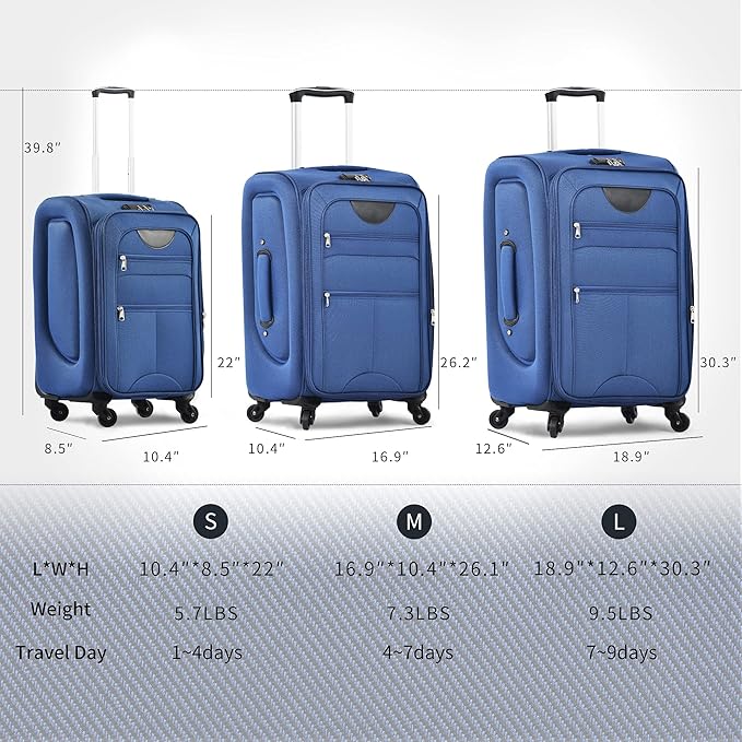 Merax Softside Luggage Set, Travel Suitcase Expandable Lightweight, 3 Piece Luggage Sets with Spinner Wheels 22" 26" 30" Suitcase with TSA Lock (Navy Blue)