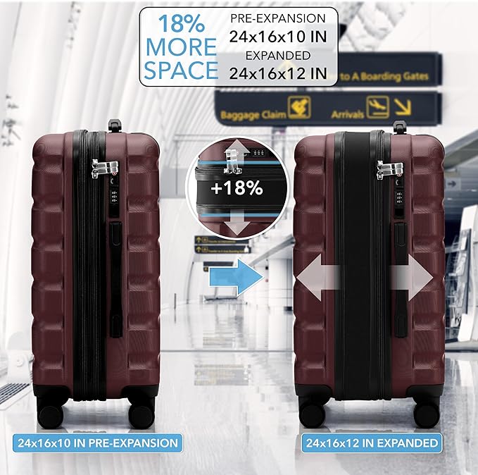 Flight Knight 24x16x10 Expandable Carry On Suitcase Hardside TSA Lock USB C Lightweight Luggage Silent Double Spinner Wheels Maximum Overhead Carry-On Bag For Virgin South West Approved Burgundy