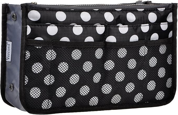 Vercord Purse Organizer Insert for Handbags Bag Organizers Inside Tote Pocketbook Women Nurse Nylon 13 Pockets Black Dots Large