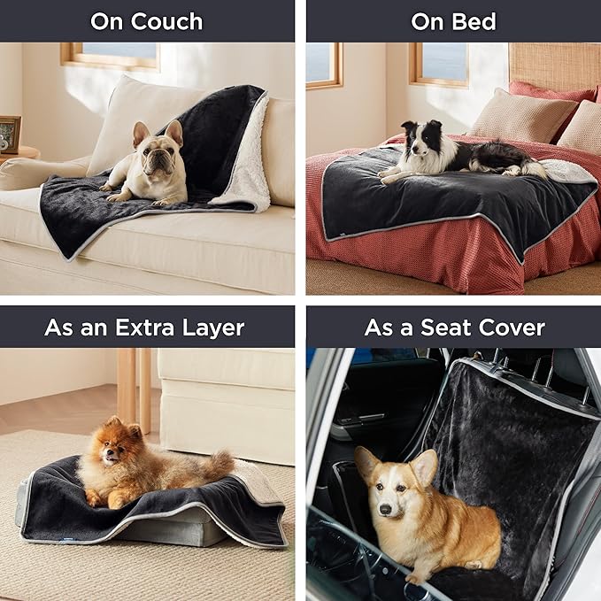 Bedsure Waterproof Blanket for Bed - Sherpa Fleece Waterproof Dog Blankets for Large Dogs, Pet Blankets for Bed/Couch/Dog Crate, Soft Plush Reversible Furniture Protector, Queen Size, 90"x86", Black
