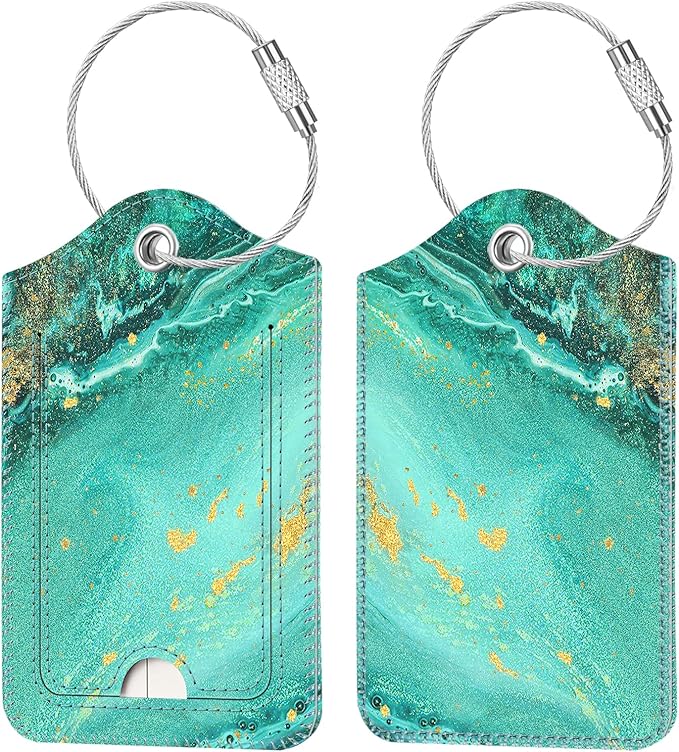 Fintie Luggage Tags, Privacy Cover ID Label with Stainless Steel Loop and Address Card for Travel Bag Suitcase, Aqua Wave (2 Piece)