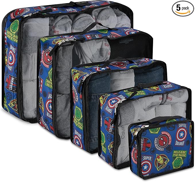 Marvel Comics 5-Piece Packing Cube Set - Spiderman, Ironman, Captain America - 5 Piece Packing Cubes Compression Travel Essential Accessories - Luggage Suitcase Organizer Set - For Kids, Adults