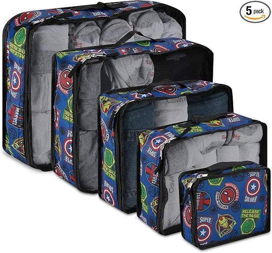 Marvel Comics 5-Piece Packing Cube Set - Spiderman, Ironman, Captain America - 5 Piece Packing Cubes Compression Travel Essential Accessories - Luggage Suitcase Organizer Set - For Kids, Adults