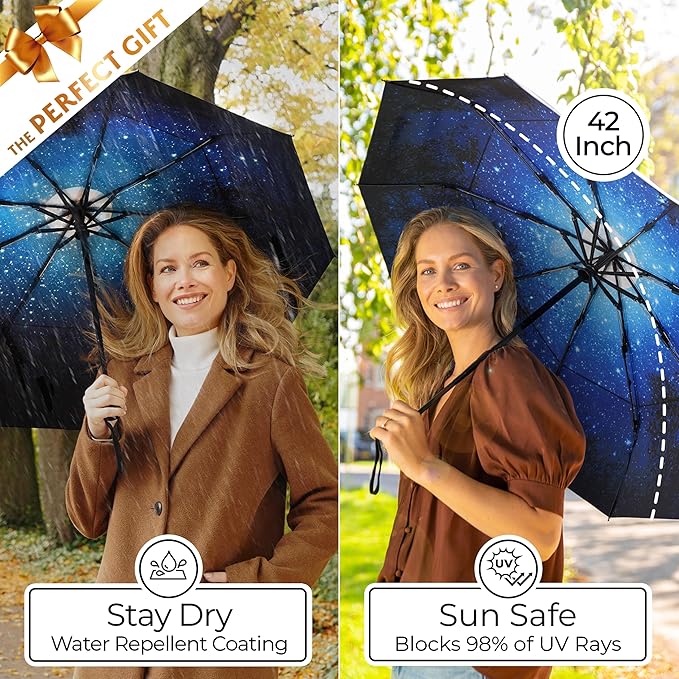 TUMELLA Strongest Windproof Travel Umbrella (Compact, Superior & Beautiful), Small, Wind-Tested, Light & Portable, Automatic Folding Rain Umbrella, Durable Premium Grip, Fits Car and Backpack