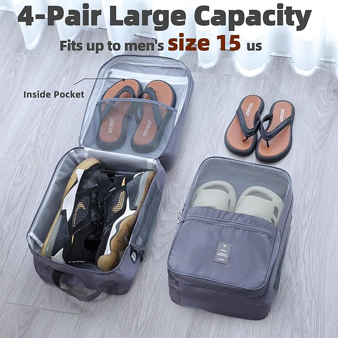 Large Shoe Bags for Travel Holds 4 Pair of Shoes, Shoe Storage Pouch with 3 Layers Compartments, Waterproof & Washable (Grey)