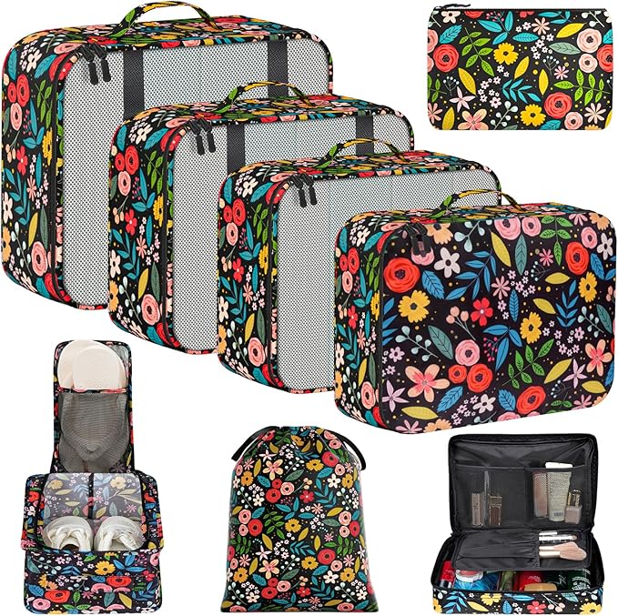 BAGAIL 8 Set Packing Cubes Luggage Packing Organizers for Travel Accessories-Black Floral