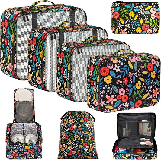 BAGAIL 8 Set Packing Cubes Luggage Packing Organizers for Travel Accessories-Black Floral