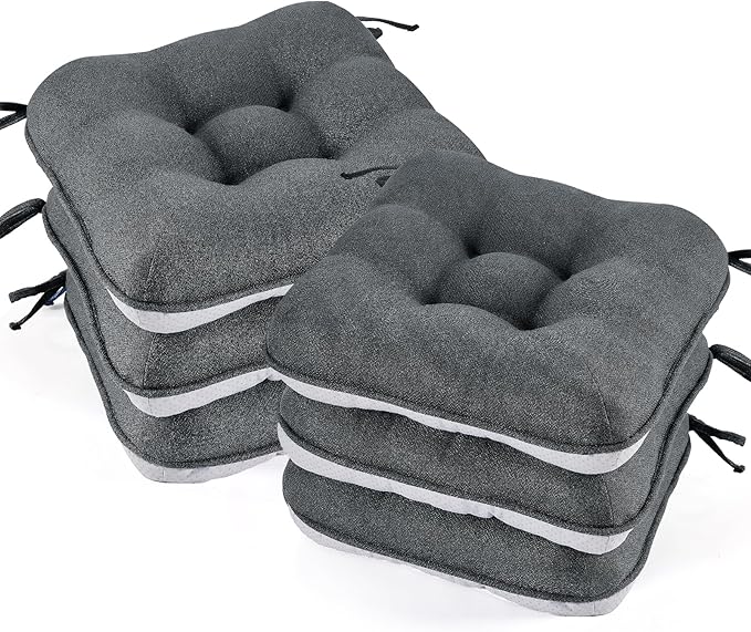 BETU Chair Cushions for Dining Chairs Set of 6,3.5" Thick Kitchen Table Chair Pads with Ties,Non Slip Backing and Covers, Seat Cushion for Dining Room,Bar,Patio Chairs,16"X16"X3.5",Dark Grey