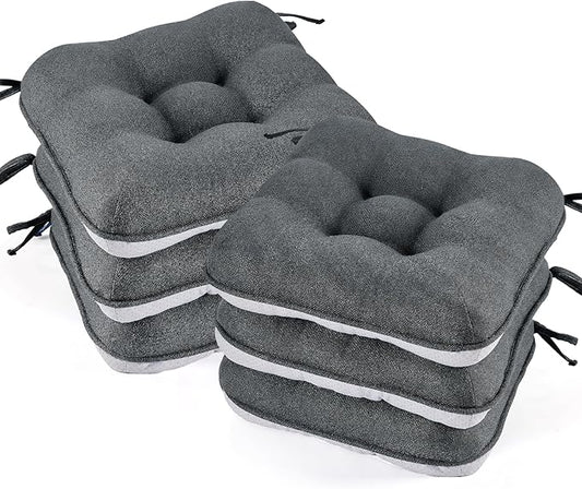BETU Chair Cushions for Dining Chairs Set of 6,3.5" Thick Kitchen Table Chair Pads with Ties,Non Slip Backing and Covers, Seat Cushion for Dining Room,Bar,Patio Chairs,16"X16"X3.5",Dark Grey