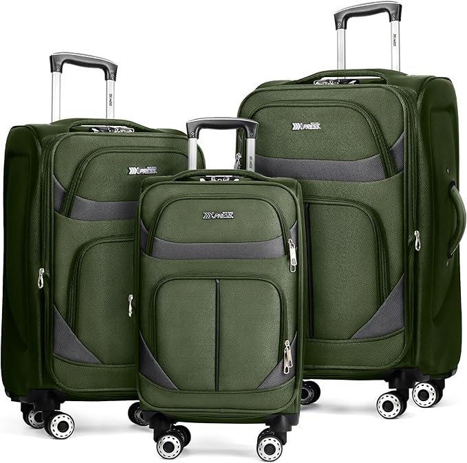 3-Piece Softside Expandable Luggage Set with Front Open Pocket,Lightweight Durable Suitcase Sets Double Spinner Wheels & w/LOCK（Green-Grey,20in/24in/28in）