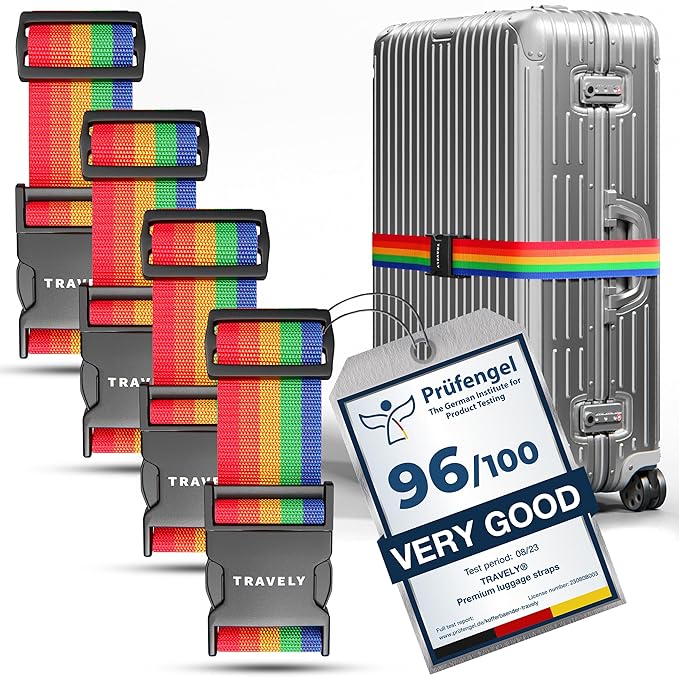 TRAVELY Luggage Straps - Particularly conspicuous & Secure - Incl. 4 Name Tags - Luggage Strap Ideal crosswise - [Set of 4]