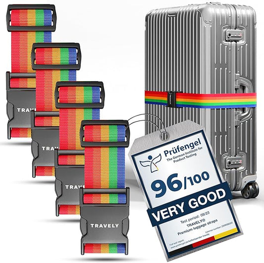 TRAVELY Luggage Straps - Particularly conspicuous & Secure - Incl. 4 Name Tags - Luggage Strap Ideal crosswise - [Set of 4]