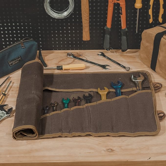 Denifiter Wrench Roll Up Pouch, Heavy Duty Waxed Canvas Tool Roll Bag Tool Organizer Bag With 20+4 Pockets (Brown)
