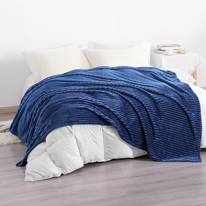 NTBAY Plush Flannel Twin Bed Blanket, 60X80 Inches Soft and Warm Lightweight Blanket with Striped Texture Bed Blanket for Couch Sofa Bed All Seasons, 60"x80", Navy Blue