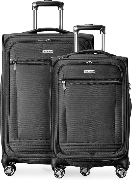 Ricardo Beverly Hills Avalon Softside 2-Piece Luggage Set Made with Sustainable 100% Recycled PET (rPET), Lightweight, Eco-Friendly Travel, Expandable, Dual Spinner Wheels, Black, (20" & 28")