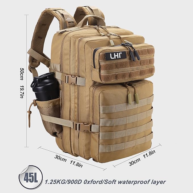 LHI Military Tactical Backpack for Men and Women 45L Army 3 Days Assault Pack Bag Large Rucksack with Shoe Compartment