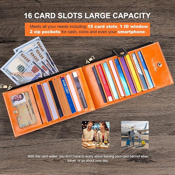 Travelambo RFID Wallet Women Large Size Bifold Multi Card Wallet Case with Zipper Pocke Credit Card Holder for Women