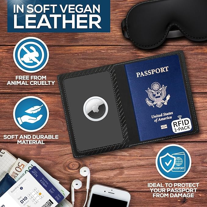 Ciana Passport Holder for Travel – PU Leather Passport Cover and Card Holder for Men & Women – Slim Passport Holder with Card Protector Slot, Travel Must Haves (Carbon Fiber)