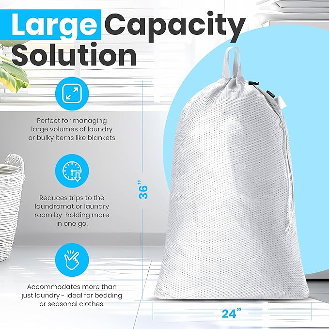 Handy Laundry Extra Large Mesh Laundry Bags 2-Pack – Heavy Duty, Machine Washable Laundry Bag with Handles & Shoulder Strap, Odor Resistant, for College Dorm, Travel, Bedding & Clothes Storage, White