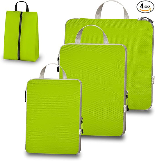 Compression Packing Cubes for Travel, Set of 4 Expandable Luggage Organizers with Shoe Bag, Lightweight Water-Resistant Suitcase Essentials for Carry-on & Checked Luggage,Green